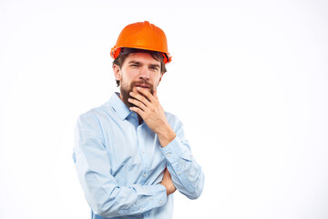 Emotional man in orange paint construction industry work lifestyle