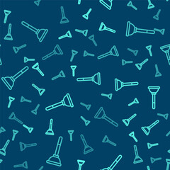 Green line Rubber plunger with wooden handle for pipe cleaning icon isolated seamless pattern on blue background. Toilet plunger. Vector.