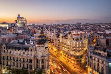 Panoramic aerial view of historic buildings on Gran Via, the famous shopping street in Madrid,...