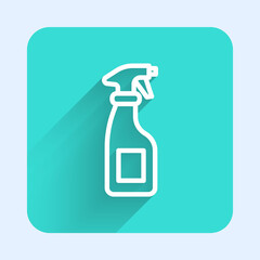 White line Cleaning spray bottle with detergent liquid icon isolated with long shadow. Green square button. Vector.