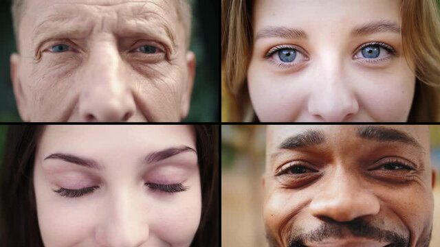 Multi screen collage close up of different eyes, men and women different races, religions and nationalities and ages.
