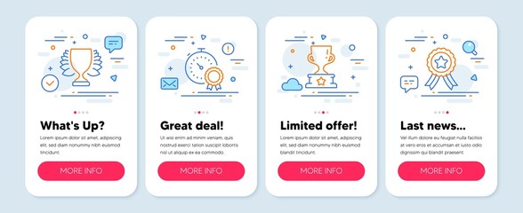 Fototapeta premium Set of Sports icons, such as Winner, Winner cup, Best result line icons. Mobile screen mockup banners. Sports achievement, Award cup, Timer award. Winner icons. Mobile app carousel. Vector