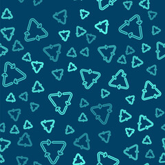 Green line Recycle symbol icon isolated seamless pattern on blue background. Circular arrow icon. Environment recyclable go green. Vector.
