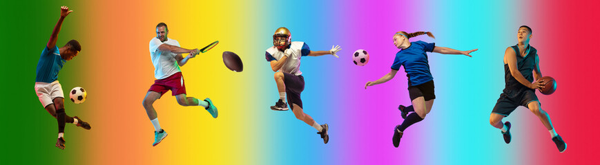 Flying high. Sport collage of professional athletes on gradient multicolored neoned background, flyer. Concept of motion, action, power, healthy, active lifestyle. Football, soccer, basketball, tennis