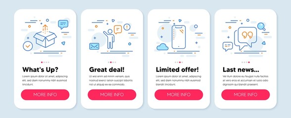 Set of Technology icons, such as Agent, Smartphone, Send box symbols. Mobile app mockup banners. Quote bubble line icons. Business person, Phone, Delivery package. Chat comment. Agent icons. Vector