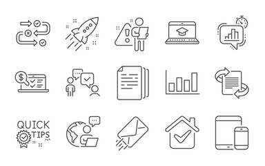Marketing, E-mail and Online accounting line icons set. Copy documents, Quick tips and Website education signs. Consulting business, Report diagram and Statistics timer symbols. Line icons set. Vector