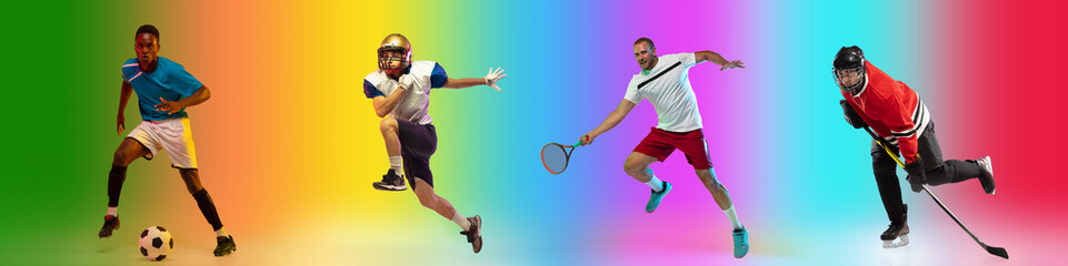 On the run. Sport collage of professional athletes on gradient multicolored neoned background, flyer. Concept of motion, action, power, healthy, active lifestyle. Football, soccer, tennis, hockey