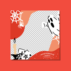 Fototapeta na wymiar Halloween party promo sale web banner template with magic elements. Candle, playing cards, ghost, web and spider. Poster, banner, special offer with copy space