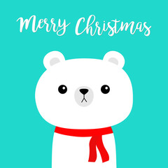 Merry Christmas. White polar bear in red scarf. Hello winter. Cute cartoon kawaii baby character. Happy New Year. Arctic animal face head. Flat design. Blue background.