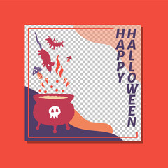 Happy Halloween party promo sale poster template with magic elements. broom, poison bottle, coffin, book, voodoo doll. Poster, banner, special offer with copy space