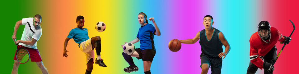 Attacking. Sport collage of professional athletes on gradient multicolored neoned background, flyer. Concept of motion, action, power, active lifestyle. Tennis, football, basketball, hockey