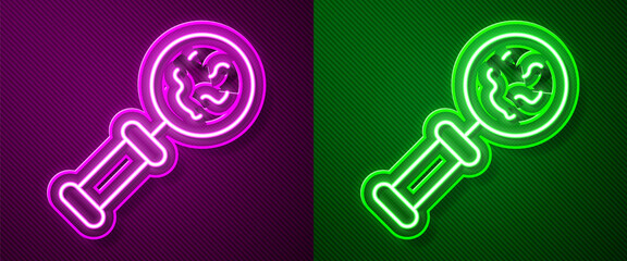 Glowing neon line Microorganisms under magnifier icon isolated on purple and green background. Bacteria and germs, cell cancer, microbe, virus, fungi. Vector.