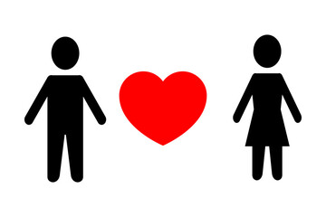 Symbols of a man and a woman with a heart between them. Couple in love. Minimalistic romantic poster