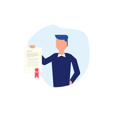 Business man holding in hand agreement or diploma with text, stamp and ribbon. Contact and diploma vector business illustration. Faceless character on white with contract.