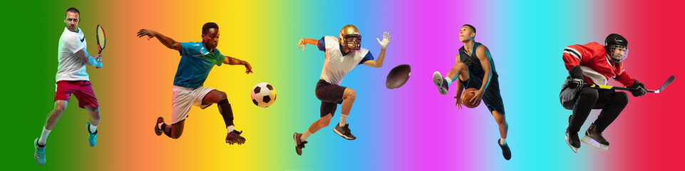 Sport collage of professional athletes on gradient multicolored neoned background, flyer. Concept of motion, action, power, healthy and active lifestyle. Tennis, football, soccer, basketball, hockey