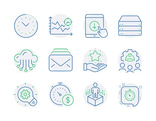 Technology icons set. Included icon as Time management, Cloud storage, Loyalty program signs. Engineering team, Cogwheel, Mail symbols. Augmented reality, Seo analysis, Scroll down. Timer. Vector