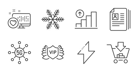 Cv documents, Vip security and Snowflake line icons set. Graph chart, Heart and Energy signs. 5g technology, Shopping symbols. Portfolio files, Exclusive privilege, Air conditioning. Vector