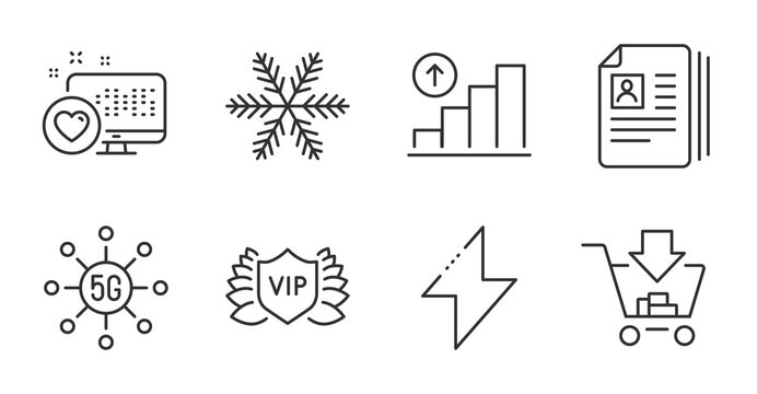 Cv documents, Vip security and Snowflake line icons set. Graph chart, Heart and Energy signs. 5g technology, Shopping symbols. Portfolio files, Exclusive privilege, Air conditioning. Vector