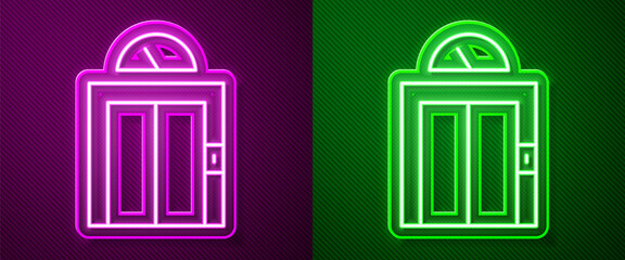 Glowing neon line Lift icon isolated on purple and green background. Elevator symbol. Vector.