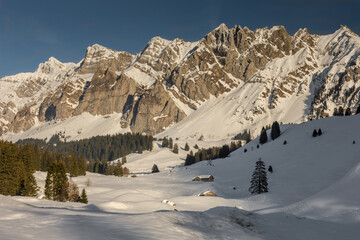 Fototapeta na wymiar Alpsteinmassiv mit Säntis im Winter, Kanton Appenzell-Ausserrhoden, Schweiz