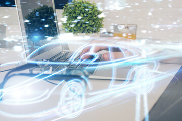 Automobile theme drawing with businessman working on computer on background. Autopilot taxi concept. Double exposure.