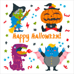 Halloween cartoon character set. Hand-drawn vector illustration with Pumpkin, Witch, Dragon, a Vampire and small patterns. Mystery, All Saints Day concept for halloween party, posters, greeting cards