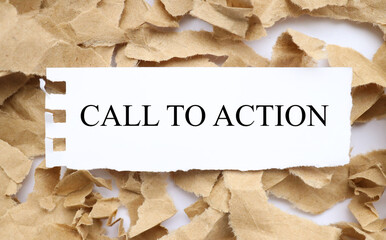 call to action, text on white torn paper on torn craft paper background