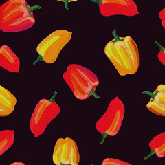 Colorful yellow and red pepper pattern. Hand drawn ornament on a black background. Bright fresh vegetable. Seamless pattern of red paprika on a dark background. Juicy appetizing pattern. 