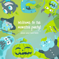 Halloween cartoon character banner social media template with copy space. Hand-drawn vector illustration Monster, Dragon, Slug, Wolf, Devil, Pumpkin, Vampire, Witch. Mystery, All Saints Day concept