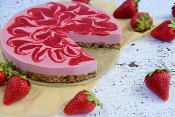 No Bake Vegan Strawberry Cheesecake made from Cashews, Pecans, Dates and Coconut