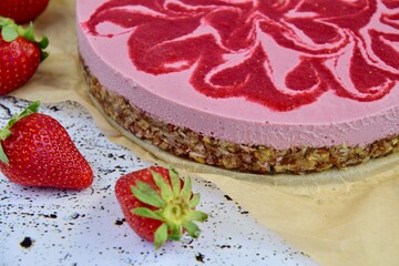 No Bake Vegan Strawberry Cheesecake made from Cashews, Pecans, Dates and Coconut