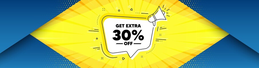 Get Extra 30% off Sale. Background with offer speech bubble. Discount offer price sign. Special offer symbol. Save 30 percentages. Best advertising coupon banner. Vector