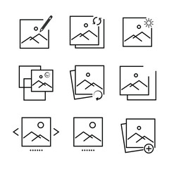 Collection of Photo Related Vector Lines icons. Contains Icons like Enhance Image. flat design. editable