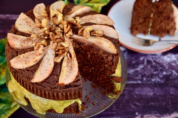 Vegan gluten free pear chocolate cake with walnuts