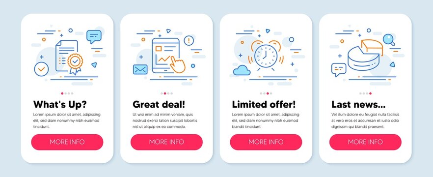 Set of Education icons, such as Time management, Certificate, Internet report symbols. Mobile screen app banners. Pie chart line icons. Alarm clock, Verified document, Web tutorial. 3d graph. Vector
