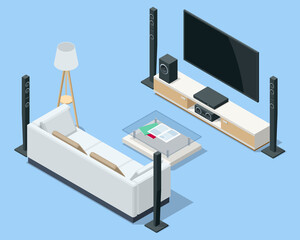 Isometric home theater, audio system isolated on white background. Home cinema speaker.