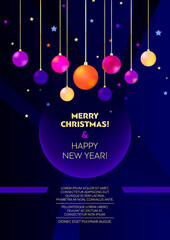 Vertical holiday party background with bright color graphic elements and text. Vector illustration.