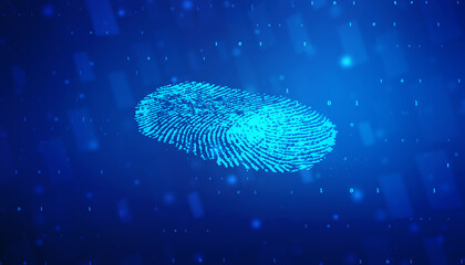 Obraz premium Fingerprint integrated in a printed circuit, releasing binary codes. fingerprint Scanning Identification System. Biometric Authorization and Business Security Concept