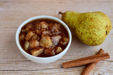 Homemade pear compote with cinnamon