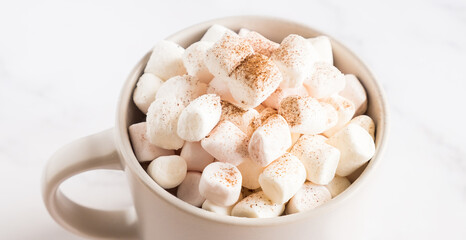 Close up cup of hot cocoa with marshmallows on light background