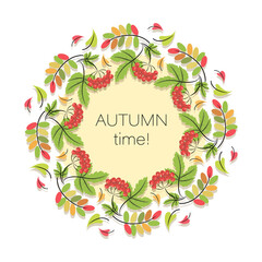 Fall. Viburnum berries. Round frame, wreath. Autumn time. Poster, border.Concept template with swirling bright autumn leaves. Vector illustration