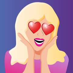 Pretty blonde girl with hearts in the eyes. In love. Can be used for valentine day or for any reviews