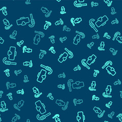 Green line Diving mask and snorkel icon isolated seamless pattern on blue background. Extreme sport. Diving underwater equipment. Vector.