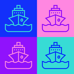 Obraz premium Pop art line Cruise ship icon isolated on color background. Travel tourism nautical transport. Voyage passenger ship, cruise liner. Worldwide cruise. Vector.