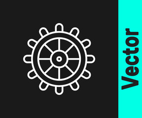 White line Ship steering wheel icon isolated on black background. Vector.
