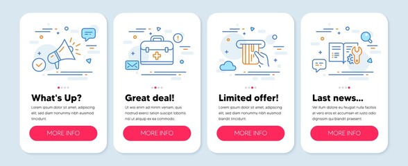 Set of Business icons, such as Credit card, First aid, Megaphone symbols. Mobile screen banners. Engineering documentation line icons. Atm payment, Medicine case, Brand advertisement. Manual. Vector