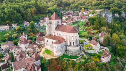 aerial view of saint cirq lapopie town, france