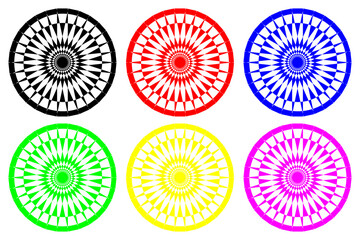 Abstract geometric pattern - black, red, blue, green, yellow and purple,  Circular mathematical ornament, 