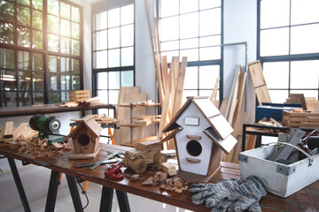Bird houses, planks and carpentry equipment in the carpentry workshop, no people