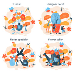 Fototapeta premium Florist concept set. Creative occupation in floral boutique. Event